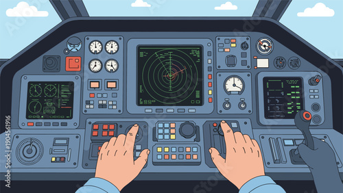 Detailed interior view of an airplane cockpit shows pilot hands operating controls while various digital radar screens and flight instruments are active.