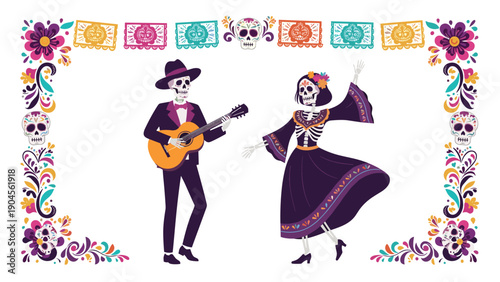 Festive skeletons dressed in traditional Mexican attire celebrate the Day of the Dead by dancing and playing guitar within a decorative floral frame.