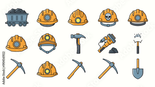 Comprehensive collection of mining icons includes safety helmets with lights, pickaxes, hammers, shovels, and a cart filled with extracted coal.