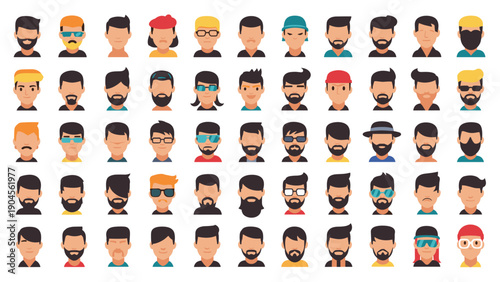 Diverse set of male character avatars features many different hairstyles, facial hair styles, and accessories like glasses or hats in a flat style.