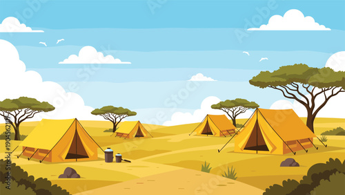 Camping site in the African savanna features yellow tents and acacia trees under a bright blue sky with scattered clouds.