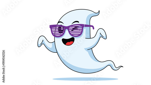 Playful cartoon ghost wearing stylish purple shutter shades flies with a wide happy smile and a wink against a white background.