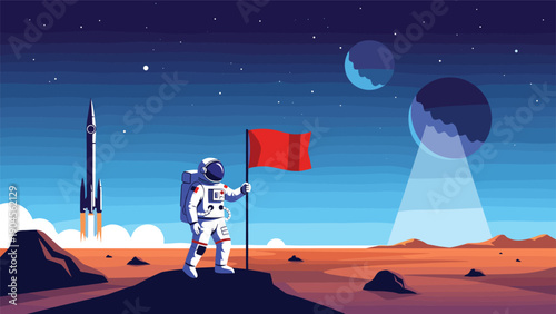 Brave astronaut stands on the surface of Mars planting a bright red flag with a rocket launching in the distant starry background.