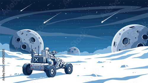 Exploration rover travels across a desolate alien planet surface under a meteor shower with large moons appearing in the dark starry sky.