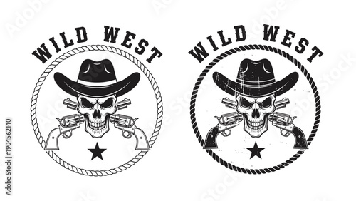Gritty wild west emblem features a skull wearing a cowboy hat with crossed revolvers and a rope border in two different styles.