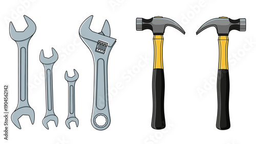 Assortment of essential mechanical hand tools including various sized wrenches and two types of hammers with wooden and rubber handles.
