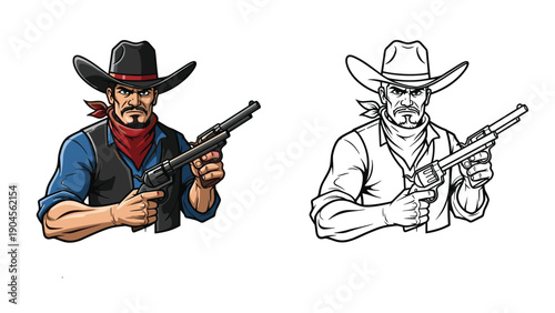 Intense cowboy character holding a revolver appears in both a full color and a clean line art version for coloring or design.