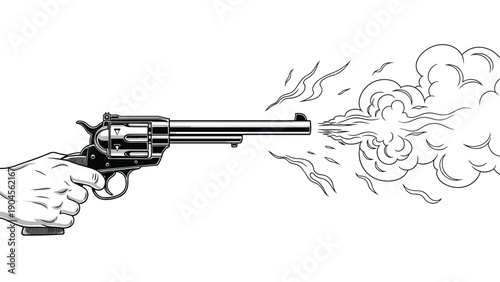 Dramatic line art drawing captures the moment a hand fires a revolver with a large cloud of smoke and fire erupting from the barrel.