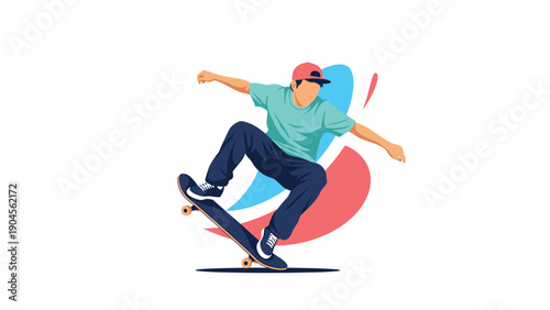 Energetic skateboarder performs an aerial trick on a skateboard with vibrant abstract blue and red shapes in the background.