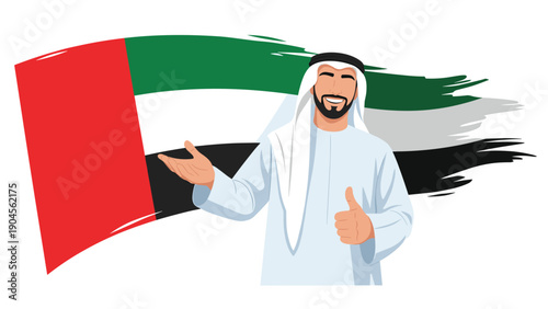 Man in traditional Emirati clothing gives a thumbs up in front of the United Arab Emirates flag painted with brush strokes.