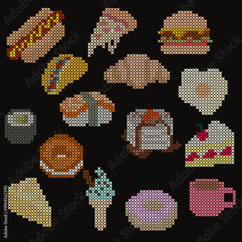 Cross-stitch embroidery food and dessert on black background.
Set of pixel art style embroidered food icons including pizza, burger, sushi, and sweets.