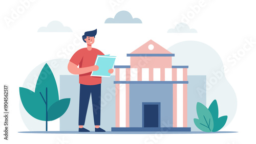 Male architect holding blueprints stands in front of a classical building with columns and greenery, showcasing a modern design approach in an urban setting