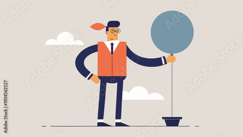 Illustration of a man in a suit with glasses and a red bandana holding a blue balloon next to a potted plant against a light gray background with clouds