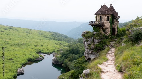Wallpaper Mural A picturesque stone house perched on a cliff, overlooking a lush river valley, capturing the charm of nature and architectural beauty in a stunning landscape. Torontodigital.ca
