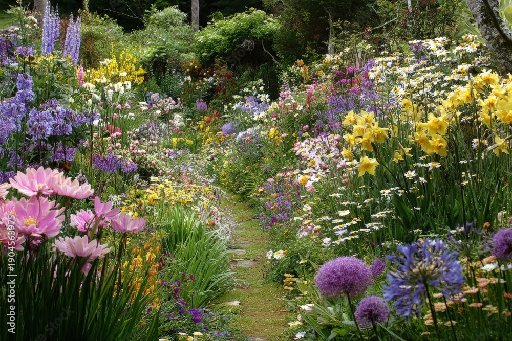 Fototapeta premium Lush garden path featuring colorful wildflowers, creating a vibrant and inviting outdoor space perfect for backgrounds