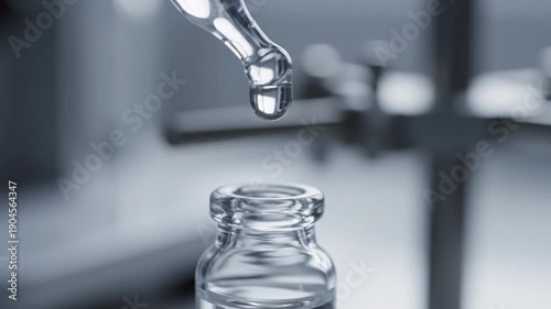 Close Up Dropping Liquid Into Glass Bottle In Laboratory.