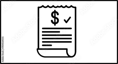 Black and white receipt icon with dollar sign and checkmark, financial transaction symbol, payment confirmation concept, billing invoice design illustration