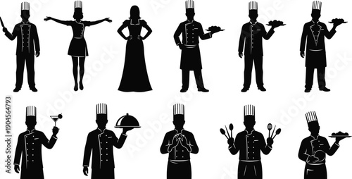 Vector Illustration Set of Professional Chef Silhouettes with Cooking Tools for Restaurant Kitchen Food Service Culinary Arts Hotel Catering and Gourmet Hospitality Designs