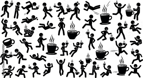Stick figure silhouette vector set of funny people running falling and drinking hot coffee cups for energetic caffeine rush concepts.