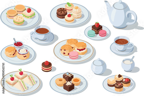 A delightful assortment of afternoon tea treats including scones, sandwiches, macarons, cakes, and tea served on elegant plates and cups, perfect for a sophisticated break