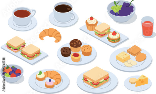 A visually appealing collection of assorted breakfast and snack items, including sandwiches, pastries, fruits, and beverages, presented in an isometric perspective