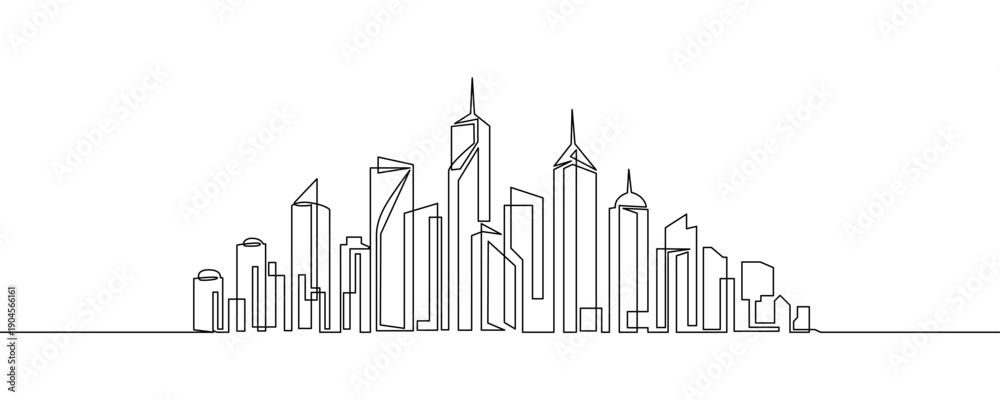 Obraz premium City skyline in one line art style. Cityscape drawing with editable black stroke on white background. Vector illustration.