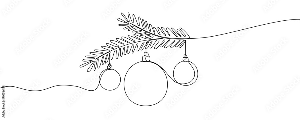 Obraz premium Christmas balls on a spruce branch in one line art style. Drawing with editable black stroke on white background. Vector illustration.