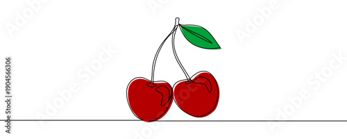 Cherries in one line art style. Drawing of two cherry berries with a leaf and editable black stroke on white background. Vector illustration.