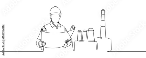 Engineer in a hard hat with a blueprint on a factory background in one line art style. Drawing of a specialist and an industrial building with a continuous stroke