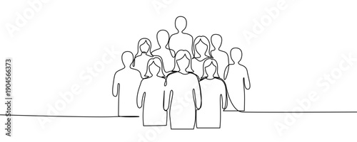 Large group of people or crowd in one line art style. Drawing of a community, team, or audience made with a continuous black stroke on a white background. Vector illustration.