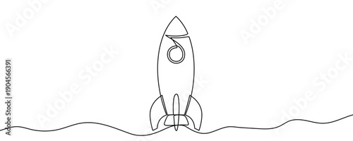 Rocket taking off in one line art style. Spaceship drawing with editable black stroke on white background. Vector illustration.