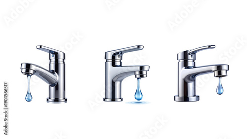“Chrome Faucet with Single Water Drop, Front View, isolated on transparent background”