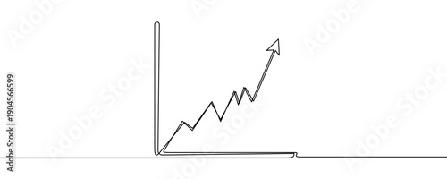 Growth chart with an upward arrow in line art style. Minimalist drawing of a financial trend in a frame, made in a continuous line. Vector illustration.