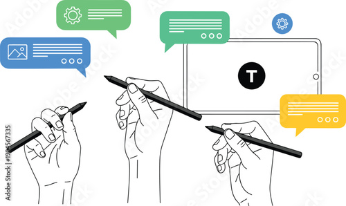 Stylized illustration of hands with styluses interacting with tablet, digital communication concept, user interface design, collaboration, creative teamwork