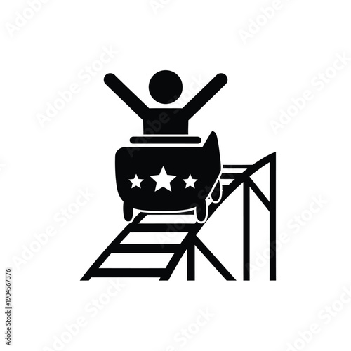 A black silhouette of a person riding a sled with stars on it down a ramp