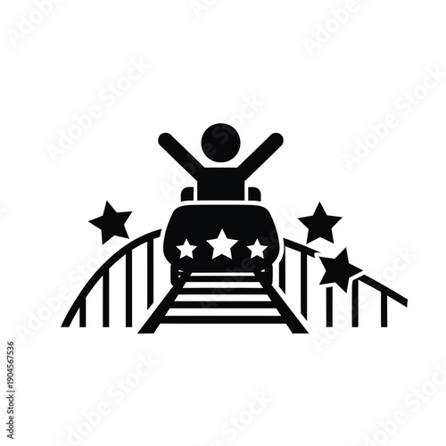 Black silhouette of a person riding a train with arms raised in excitement on railroad tracks with stars