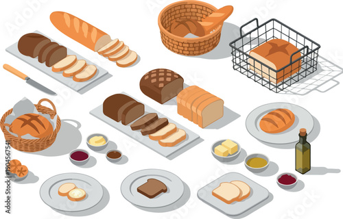 An appetizing assortment of fresh bread varieties, served with butter, jam, and olive oil, in a rustic, charming setting