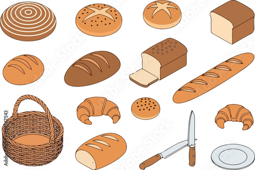 Variety of baked goods including loaves of bread, croissants, and a bread basket, presented in a clean, isometric illustration