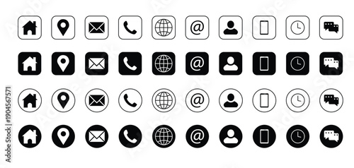 Contact us icon set. Contact and Communication Icons icon for name, address, location, telephone, mail, website, time icons