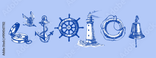 Vintage summer sea set. Retro sketch beach vacation stickers. Hand drawn vector illustration.