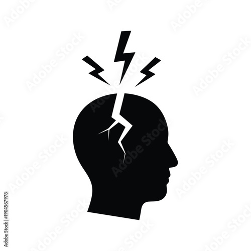 Black silhouette of a human head with a cracked brain and lightning bolts, symbolizing a brilliant idea or mental breakdown