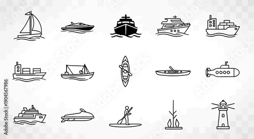 Collection of black and white line art icons depicting various water transport vehicles, marine vessels, and nautical elements.
