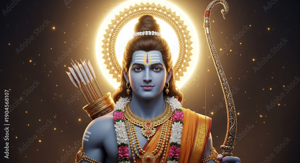 Fototapeta premium Divine portrait of Lord Rama holding sacred bow with radiant halo symbolizing dharma devotion spiritual strength and Indian cultural faith during Ram Navami