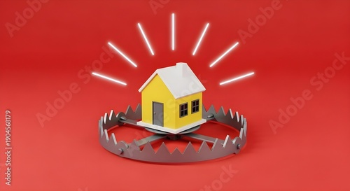 Real Estate Trap: Yellow house model placed inside sharp metal animal trap, mortgage debt danger, property investment risk, housing market crisis and financial pitfall concept