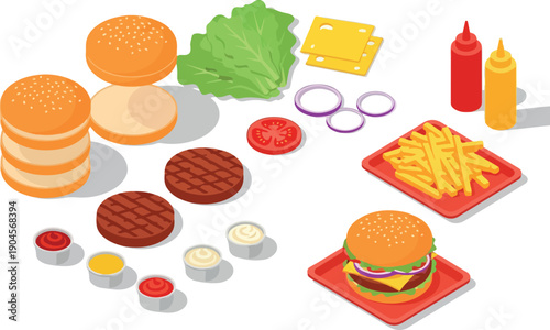 Delicious Burger Ingredients and Side Dishes, Ready to Assemble and Enjoy for a Satisfying Meal