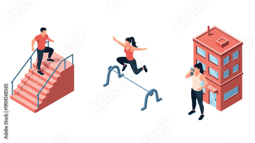 Isometric urban workout: running, jumping, and hydrating activities
