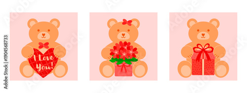  A collection of lovely teddy bears holding a Valentine, flowers, and a gift box. Perfect elements for Valentine’s Day, love greetings, holiday messages, and beautifully designed greeting cards.