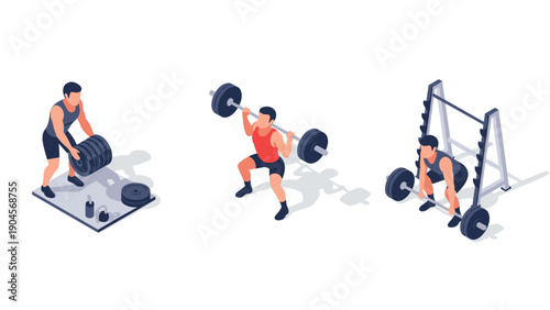 Isometric gym workout scene with weightlifting and strength training activities