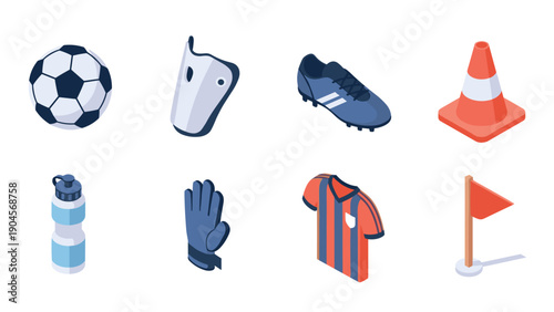Isometric sports gear icons: soccer ball, cleats, and athletic equipment set