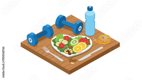 Healthy lifestyles: isometric fitness with dumbbells, salad, and water